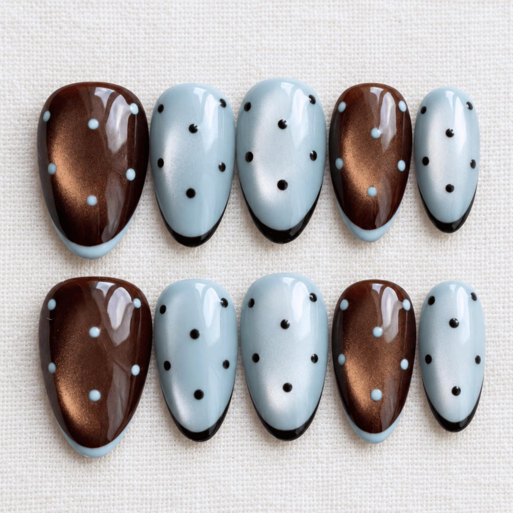 Brown Blue Polka Dot Press On Nails, Retro Chocolate Cat Eye Nails