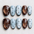 Brown Blue Polka Dot Press On Nails, Retro Chocolate Cat Eye Nails