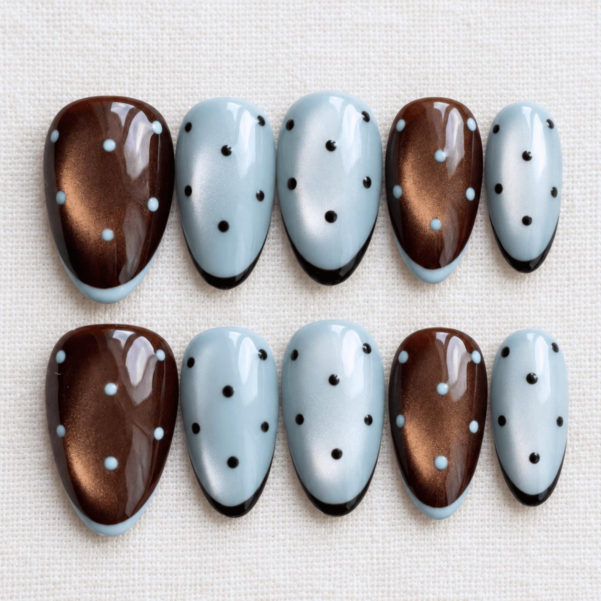 Brown Blue Polka Dot Press On Nails, Retro Chocolate Cat Eye Nails