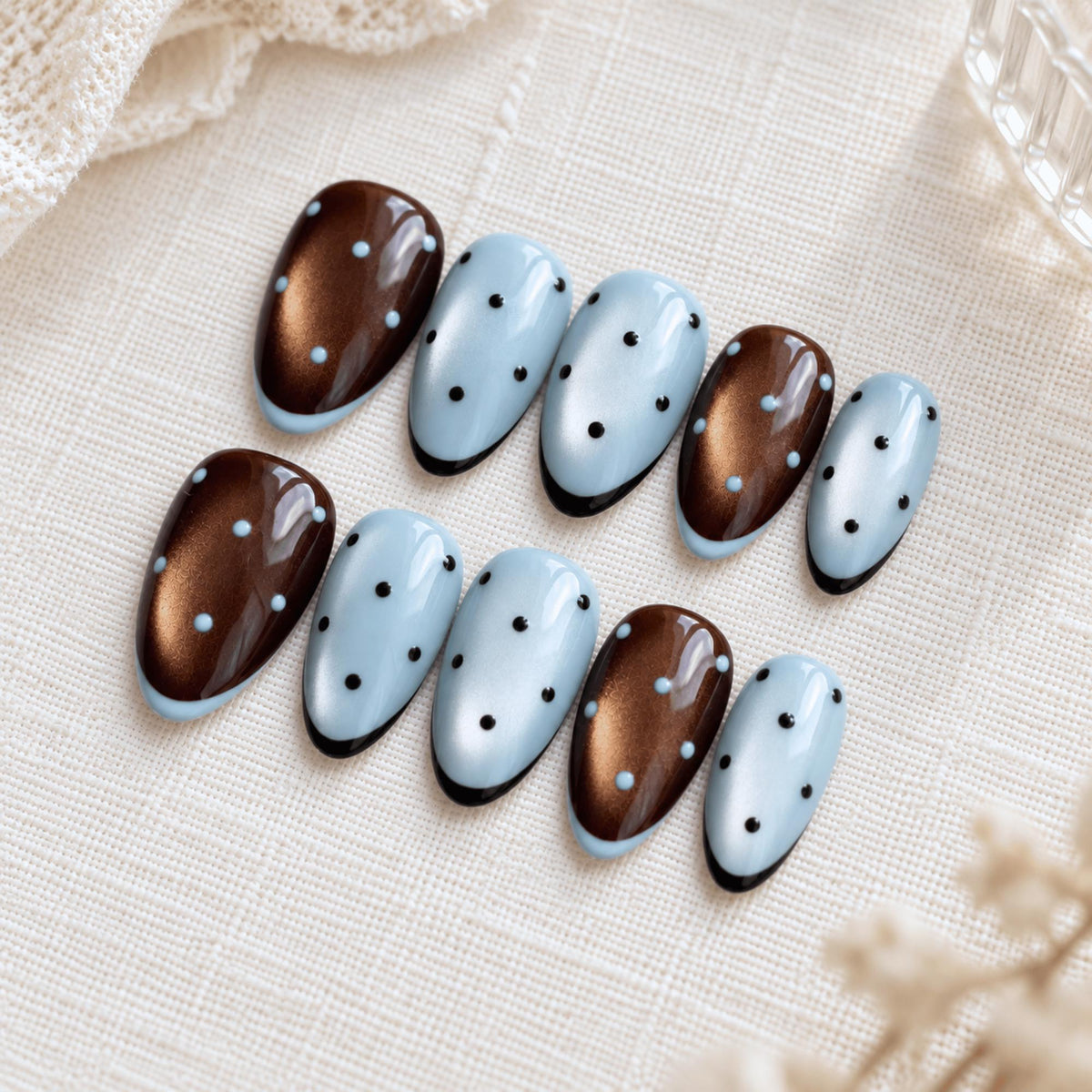 Brown Blue Polka Dot Press On Nails, Retro Chocolate Cat Eye Nails