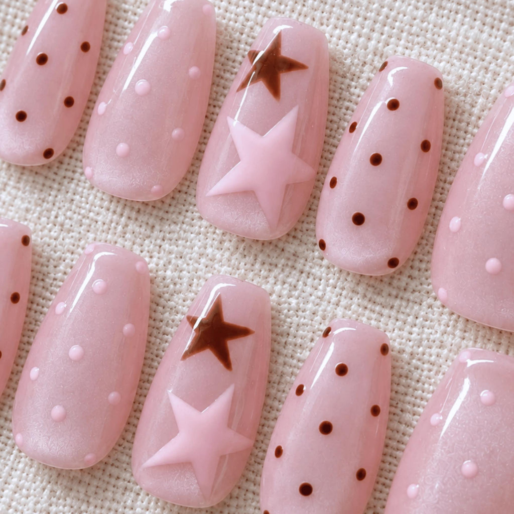Pink Cat Eye Press On Nails, Brown Polka Dot Kawaii Nails, Handmade Star Trending Nails