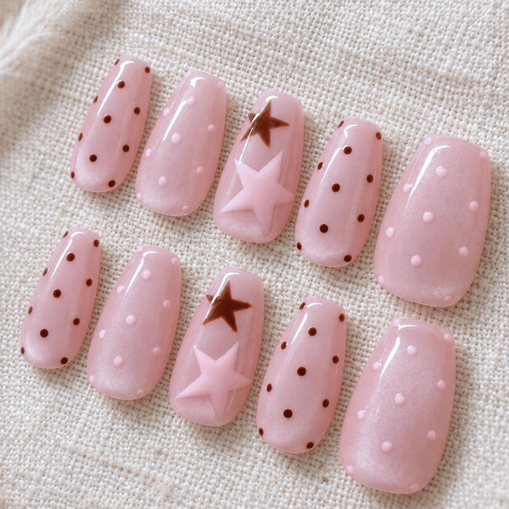Pink Cat Eye Press On Nails, Brown Polka Dot Kawaii Nails, Handmade Star Trending Nails