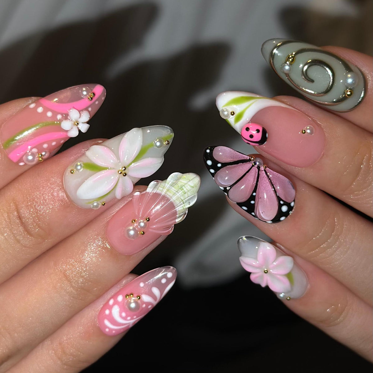 Fall Press On Nails with 3D Flowers , Pink Butterfly Nail Art . Handmade Botanical Nails for Autumn| JB559WC
