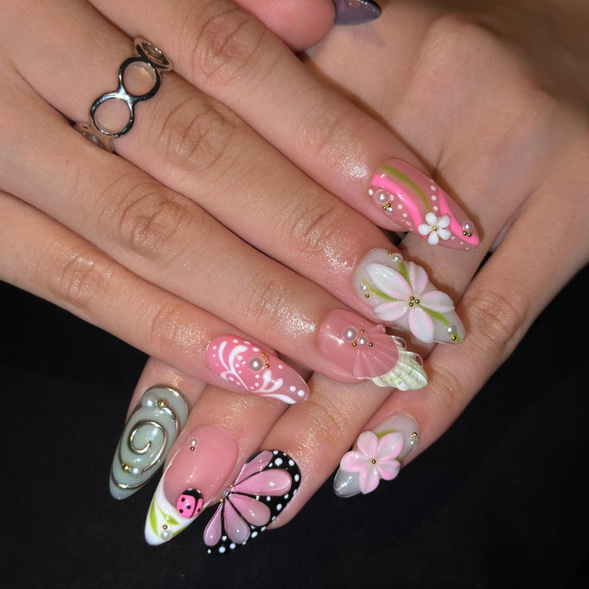 Fall Press On Nails with 3D Flowers , Pink Butterfly Nail Art . Handmade Botanical Nails for Autumn| JB559WC