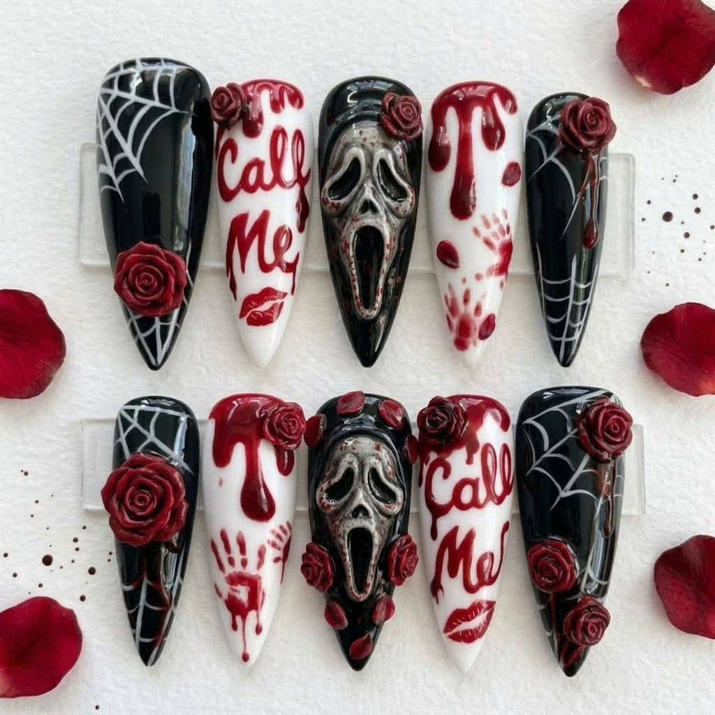Red Horror Halloween Press On Nails, Handmade 3D Rose Scream Mask Spider Web Nails, Blood Drip Spooky Fake Nails