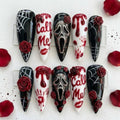 Red Horror Halloween Press On Nails, Handmade 3D Rose Scream Mask Spider Web Nails, Blood Drip Spooky Fake Nails