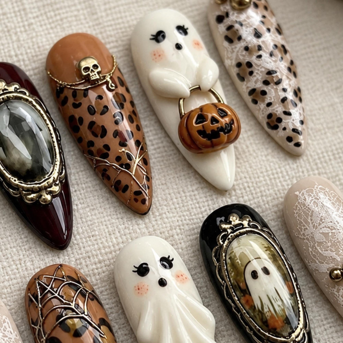 Gothic Halloween Press On Nails, 3D Ghost Pumpkin, Tortoiseshell Lace Nail Art