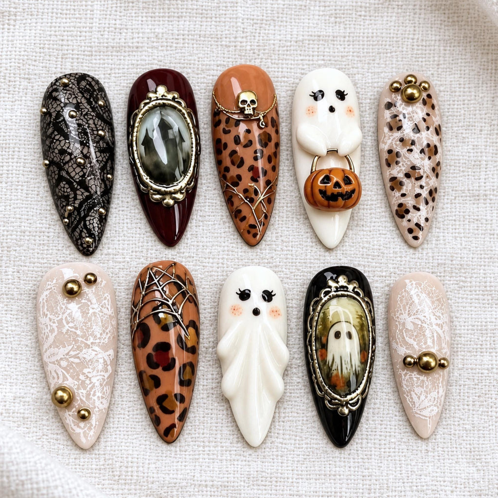 Gothic Halloween Press On Nails, 3D Ghost Pumpkin, Tortoiseshell Lace Nail Art