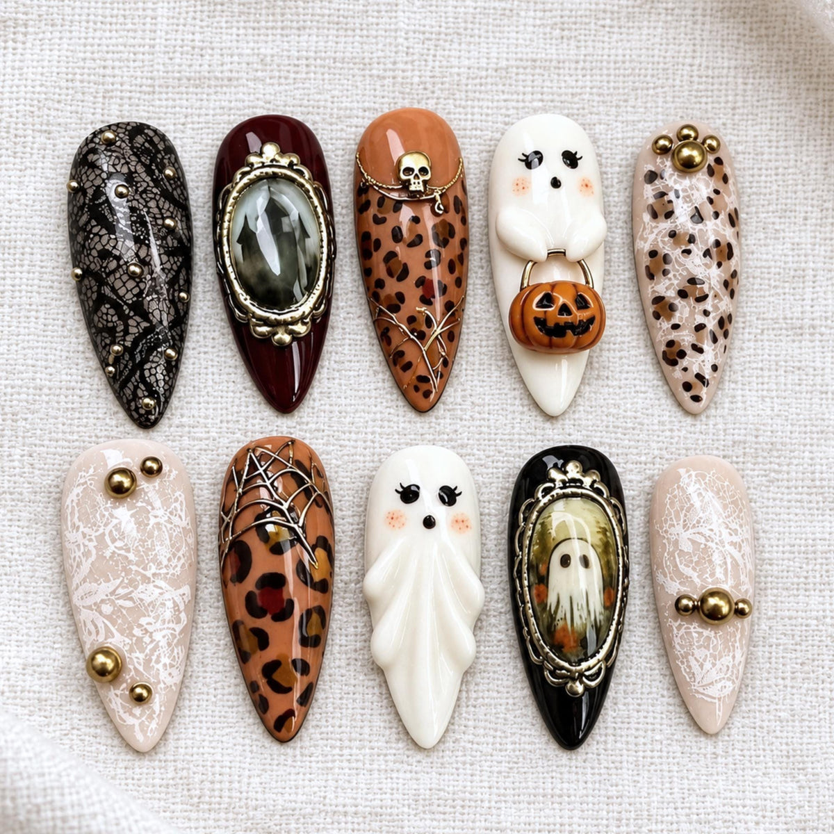 Gothic Halloween Press On Nails, 3D Ghost Pumpkin, Tortoiseshell Lace Nail Art
