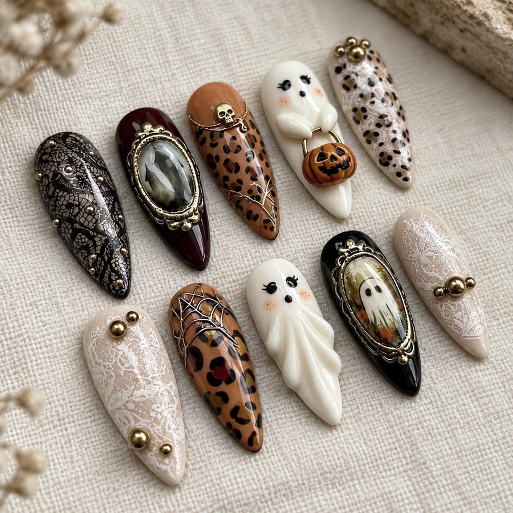Gothic Halloween Press On Nails, 3D Ghost Pumpkin, Tortoiseshell Lace Nail Art