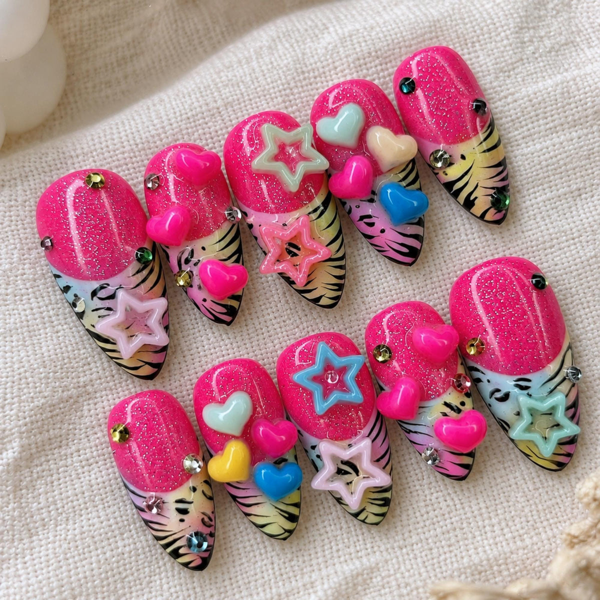 Pink Y2K Press On Nails, Zebra Print Bold Nails, 3D Heart Star Charm Nails