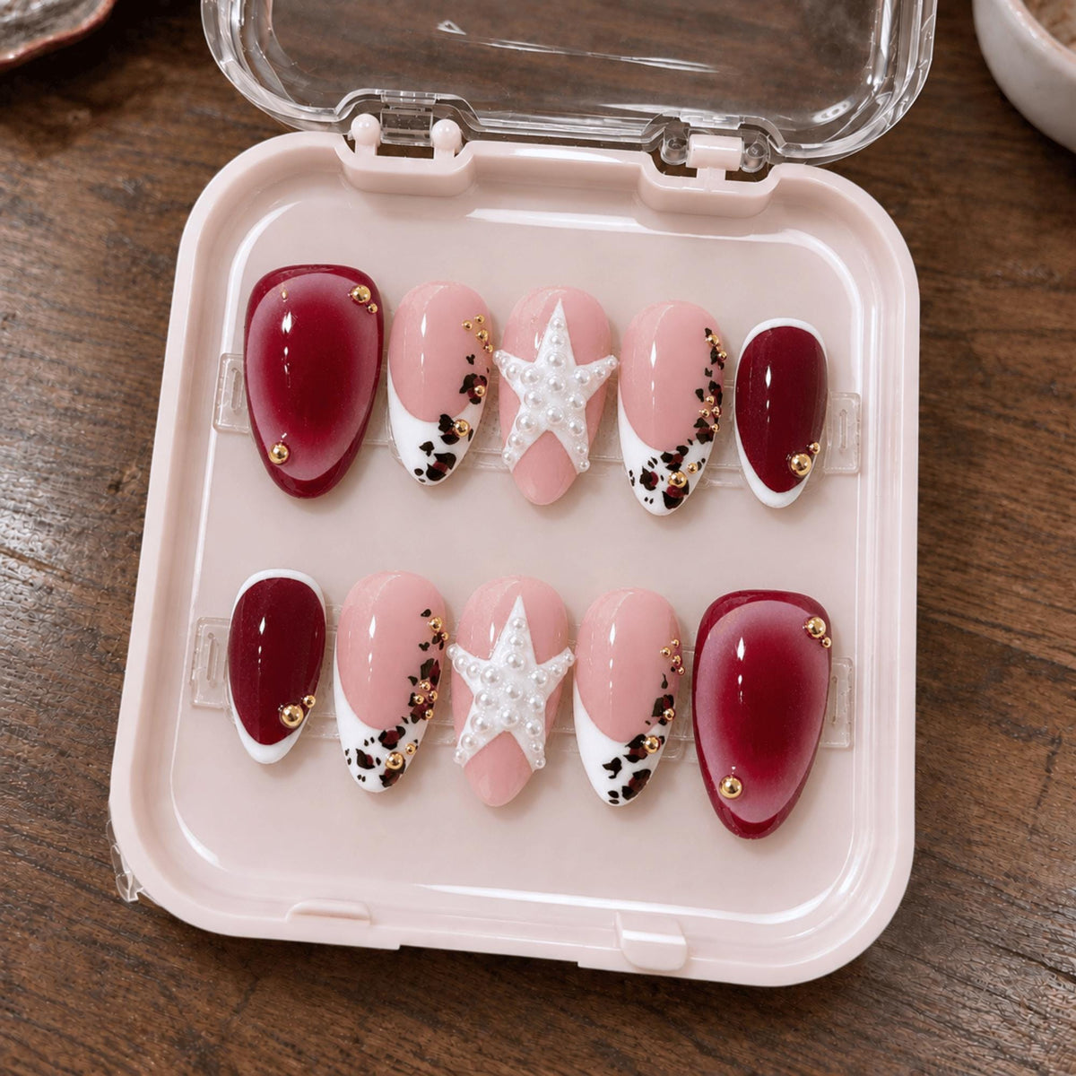 Burgundy Star Press On Nails, Retro French Tip Nail Art, Handmade Leopard Nails
