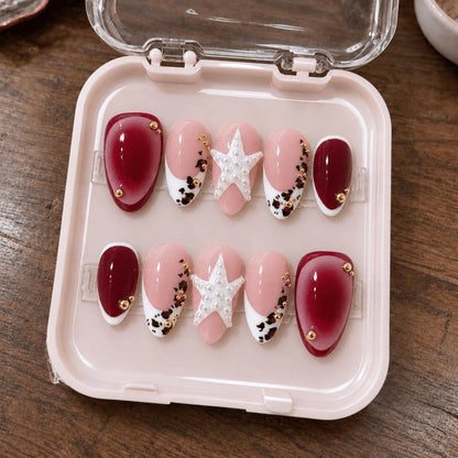 Burgundy Star Press On Nails, Retro French Tip Nail Art, Handmade Leopard Nails