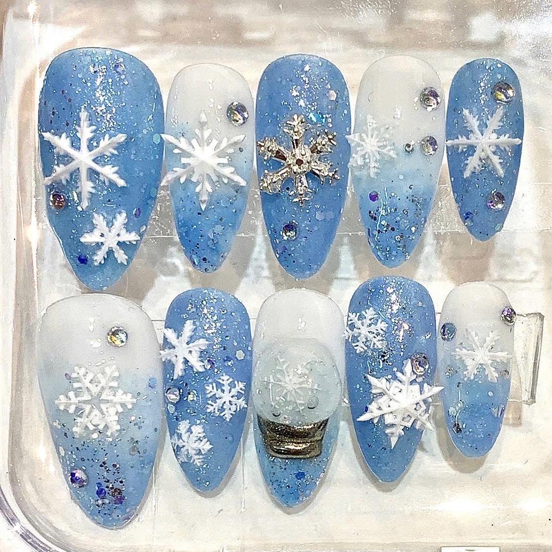Handmade Blue Snowflake Press-On Nails, Glitter Rhinestone Holiday Set