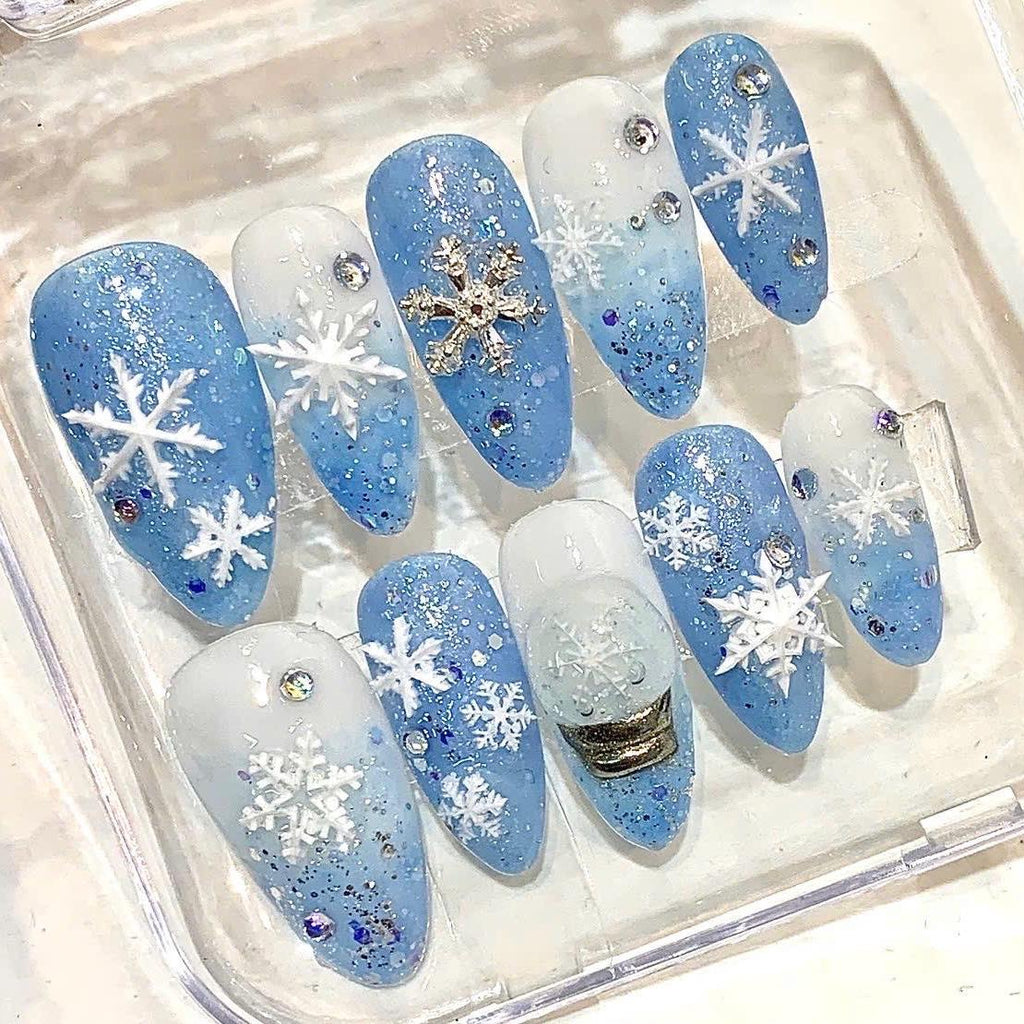 Handmade Blue Snowflake Press-On Nails, Glitter Rhinestone Holiday Set