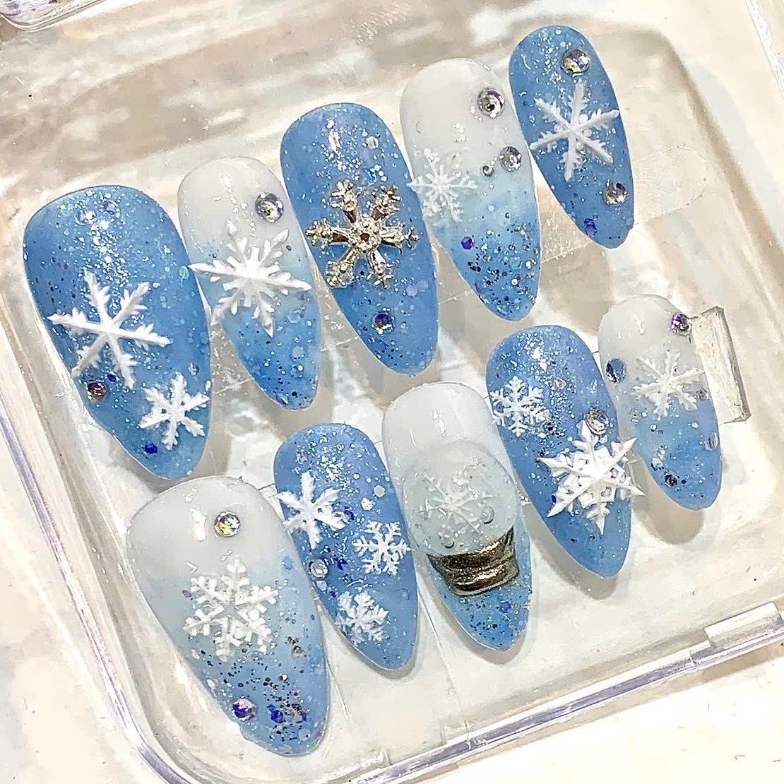 Handmade Blue Snowflake Press-On Nails, Glitter Rhinestone Holiday Set