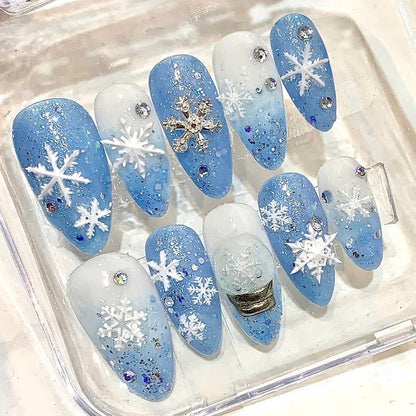 Handmade Blue Snowflake Press-On Nails, Glitter Rhinestone Holiday Set