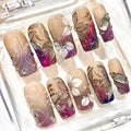 Handmade Press-On Nails, Purple Floral Gold, Crystal Gem, Elegant Square Set