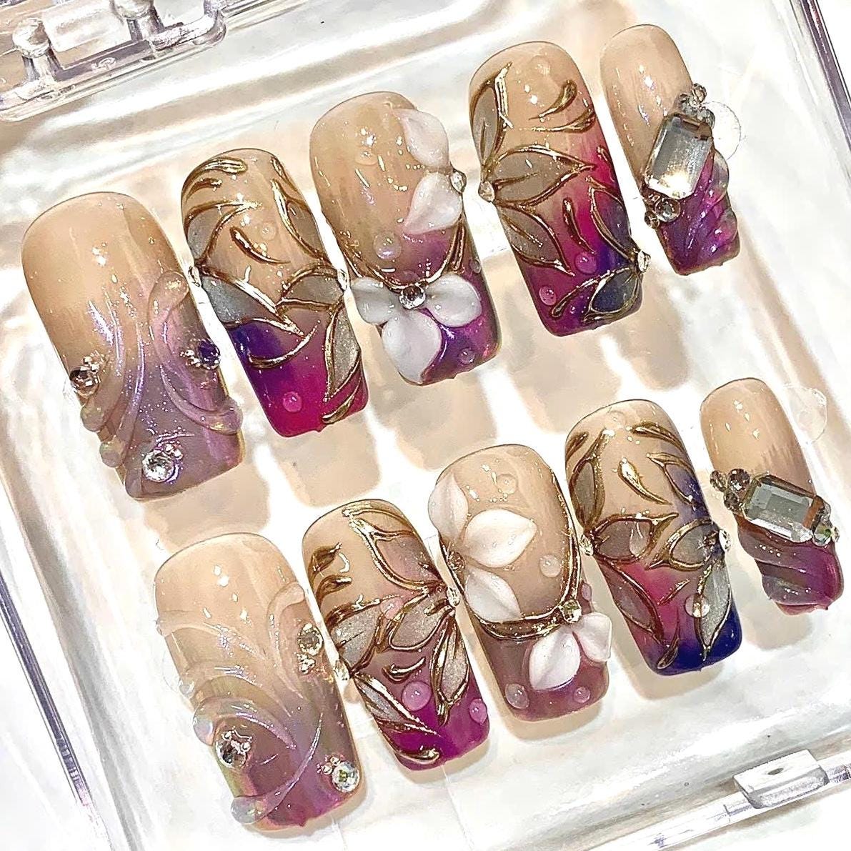 Handmade Press-On Nails, Purple Floral Gold, Crystal Gem, Elegant Square Set