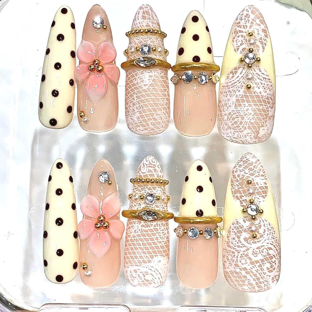 Pink Lace Press-On Nails, 3D Floral, Polka Dot, Rhinestone Gold Set