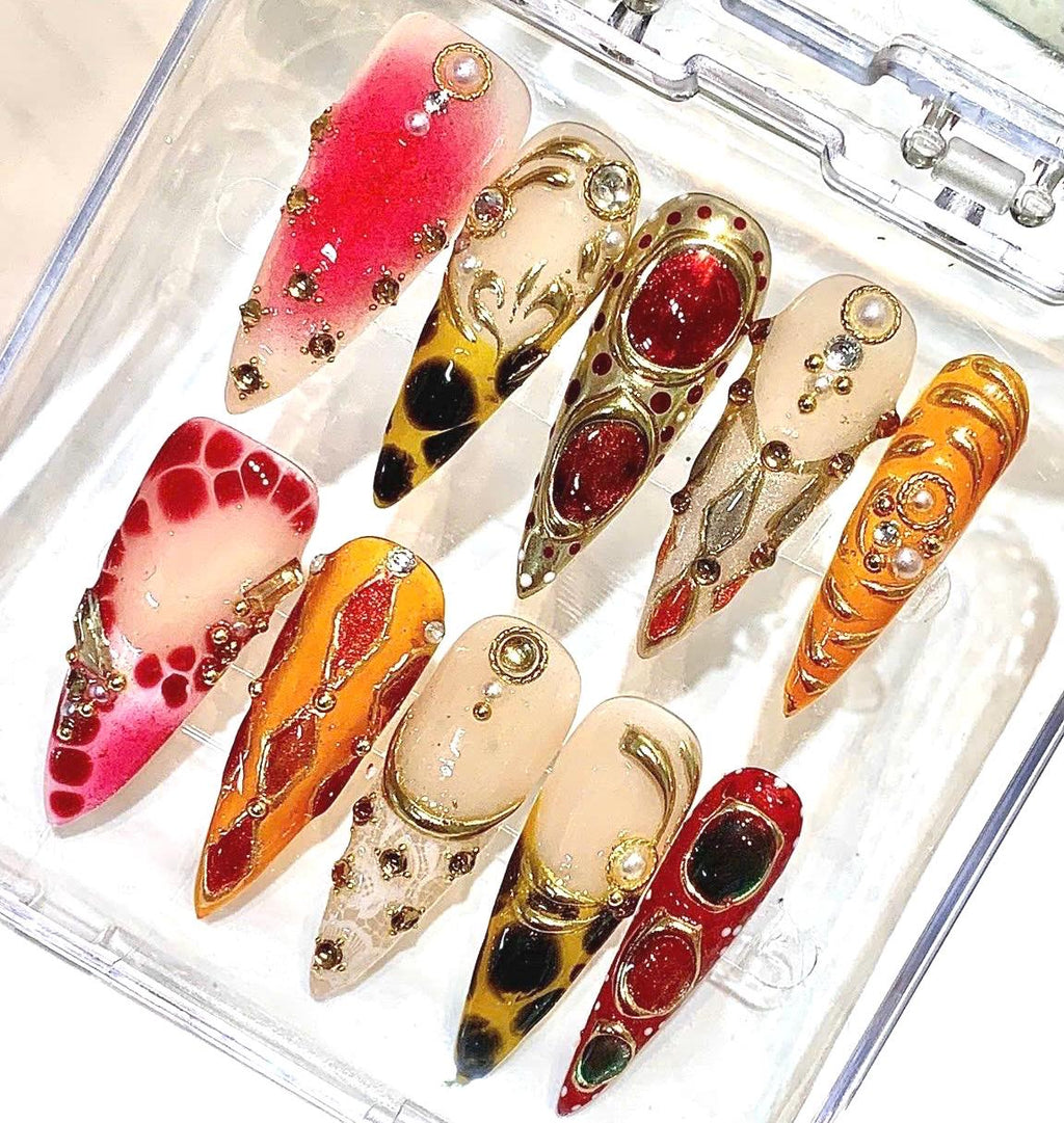Red Orange Press-On Nails, Gold Gemstone, Abstract Ombre, Luxury Rhinestone Stiletto Set