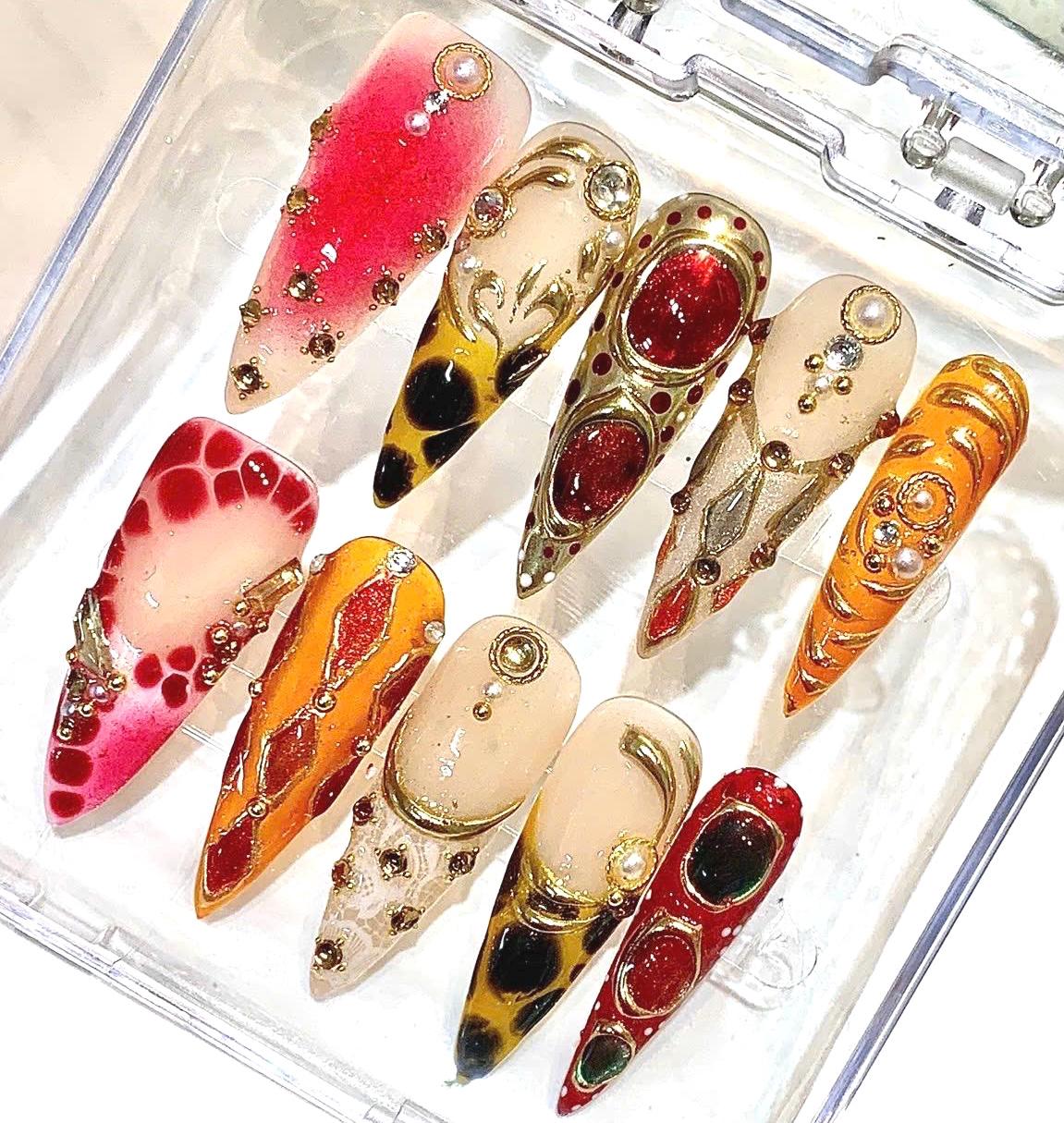 Red Orange Press-On Nails, Gold Gemstone, Abstract Ombre, Luxury Rhinestone Stiletto Set