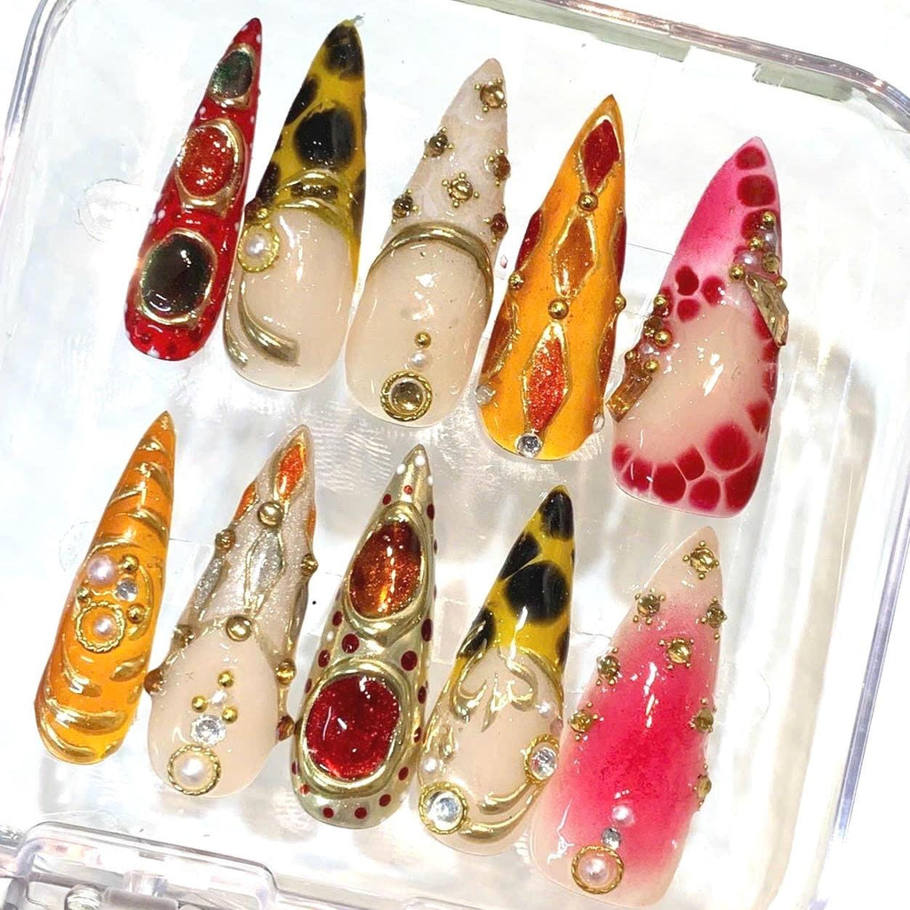 Red Orange Press-On Nails, Gold Gemstone, Abstract Ombre, Luxury Rhinestone Stiletto Set