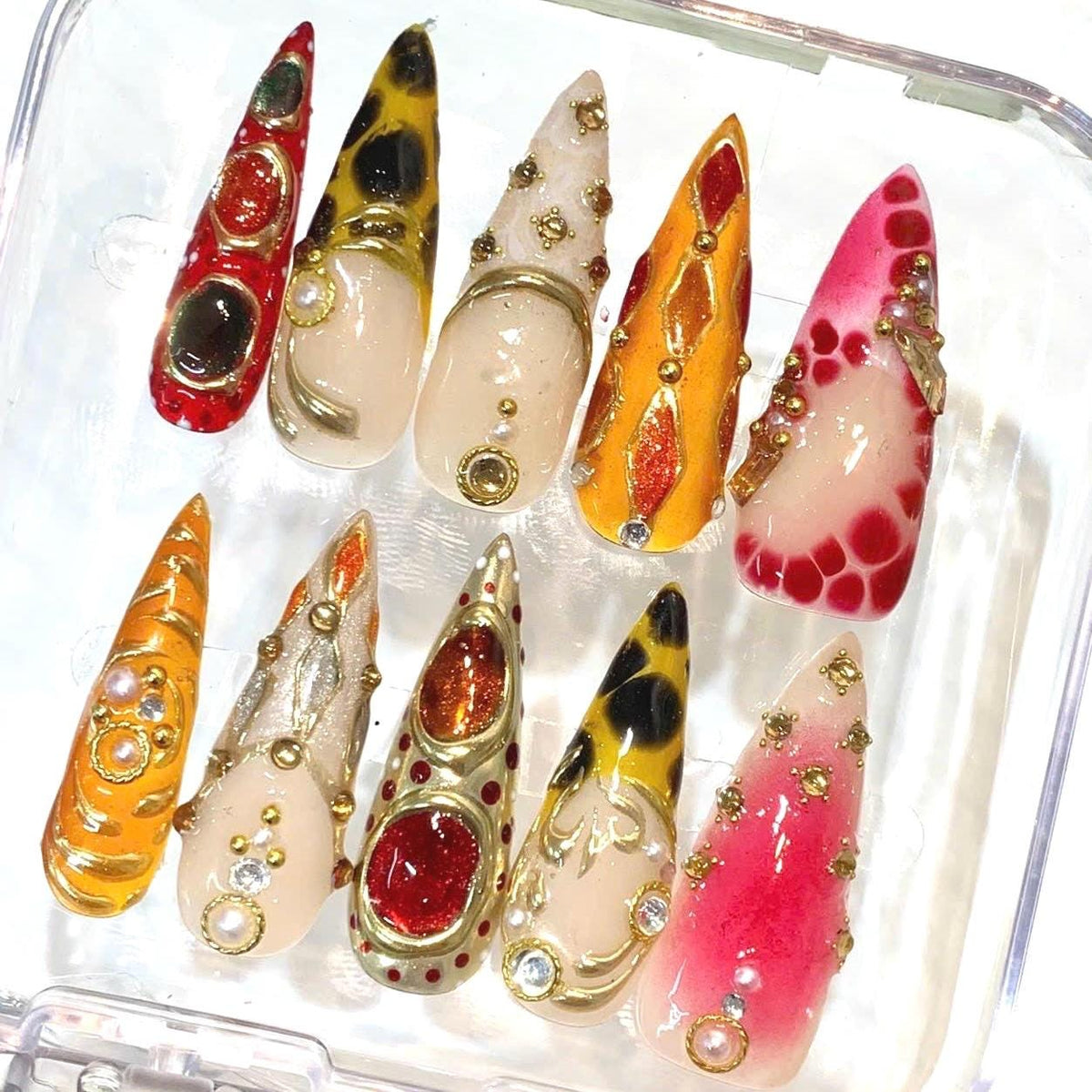 Red Orange Press-On Nails, Gold Gemstone, Abstract Ombre, Luxury Rhinestone Stiletto Set