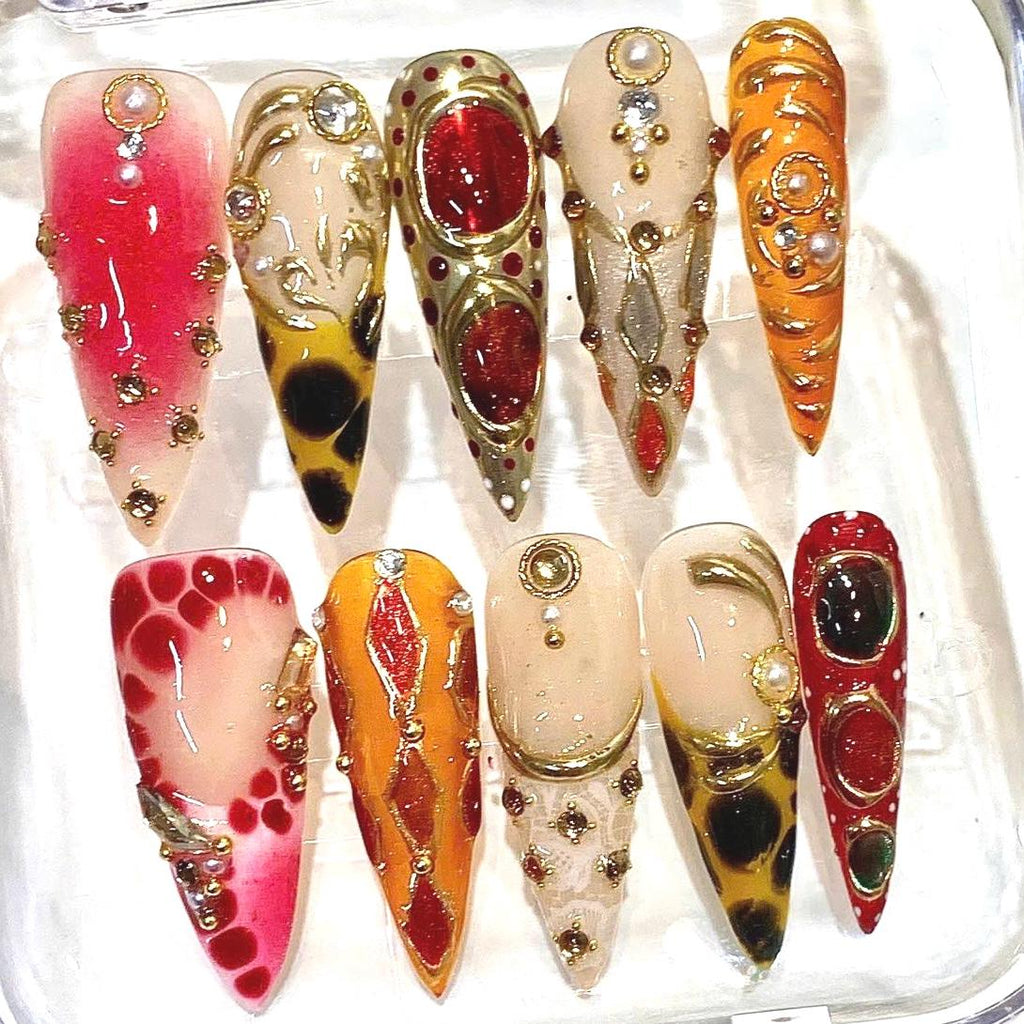 Red Orange Press-On Nails, Gold Gemstone, Abstract Ombre, Luxury Rhinestone Stiletto Set