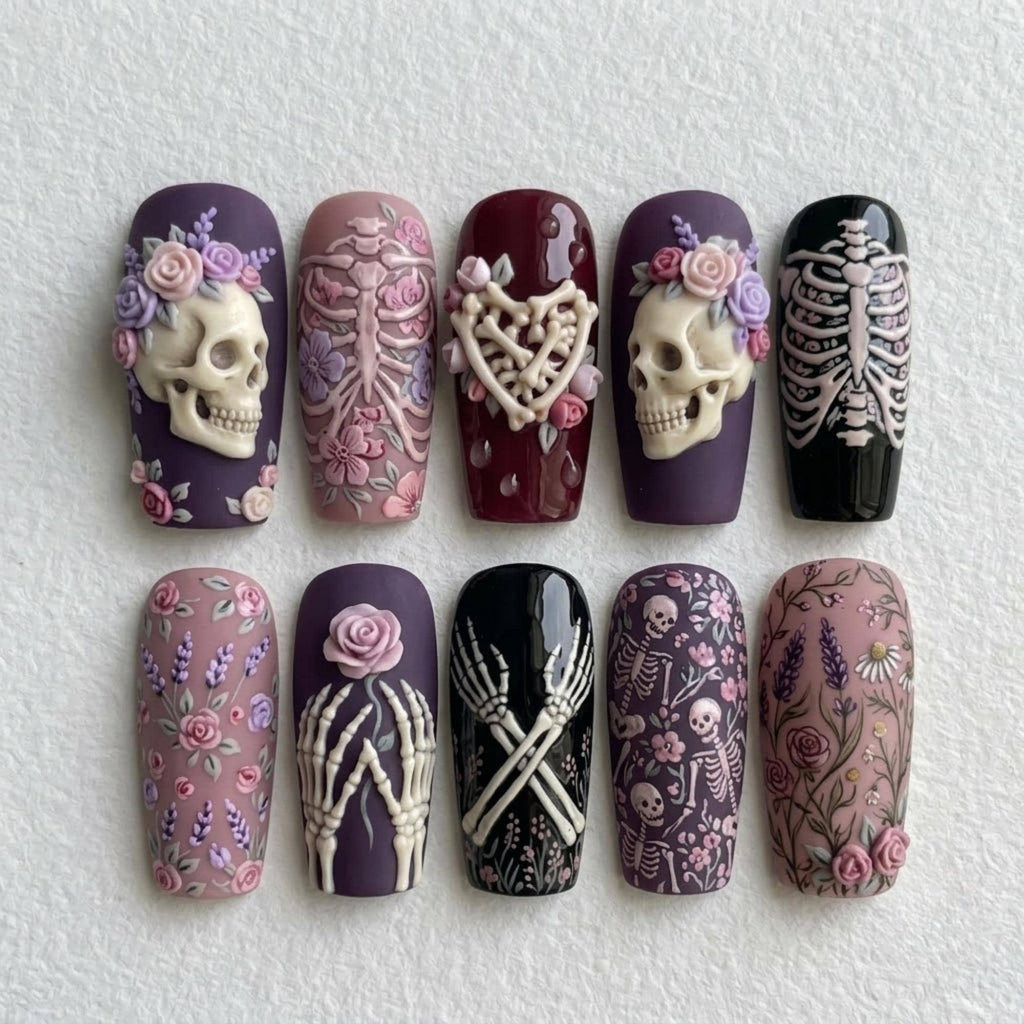 Gothic Floral Skull Press On Nails | 3D Skeleton Rose Nail Art | Purple Pink Spooky Elegant Fake Nails