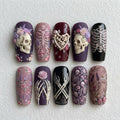 Gothic Floral Skull Press On Nails | 3D Skeleton Rose Nail Art | Purple Pink Spooky Elegant Fake Nails