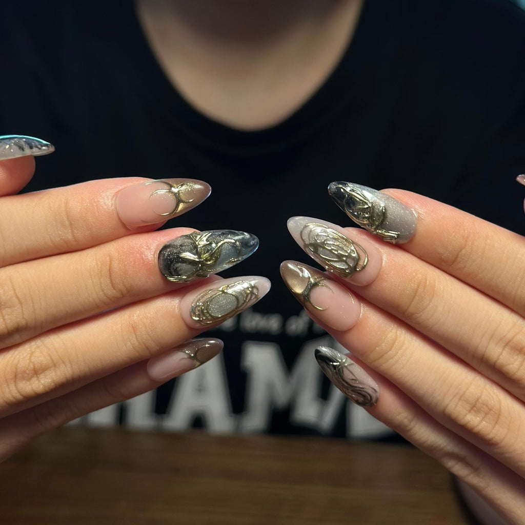 Fall Press On Nails, Brown Gold Nails, 3D Chrome Nails, Luxury Autumn Nail Set ,JB674WC
