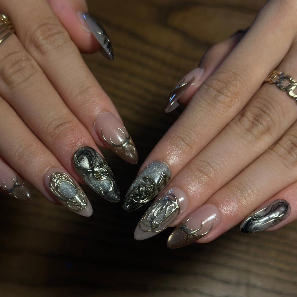 Fall Press On Nails, Brown Gold Nails, 3D Chrome Nails, Luxury Autumn Nail Set ,JB674WC