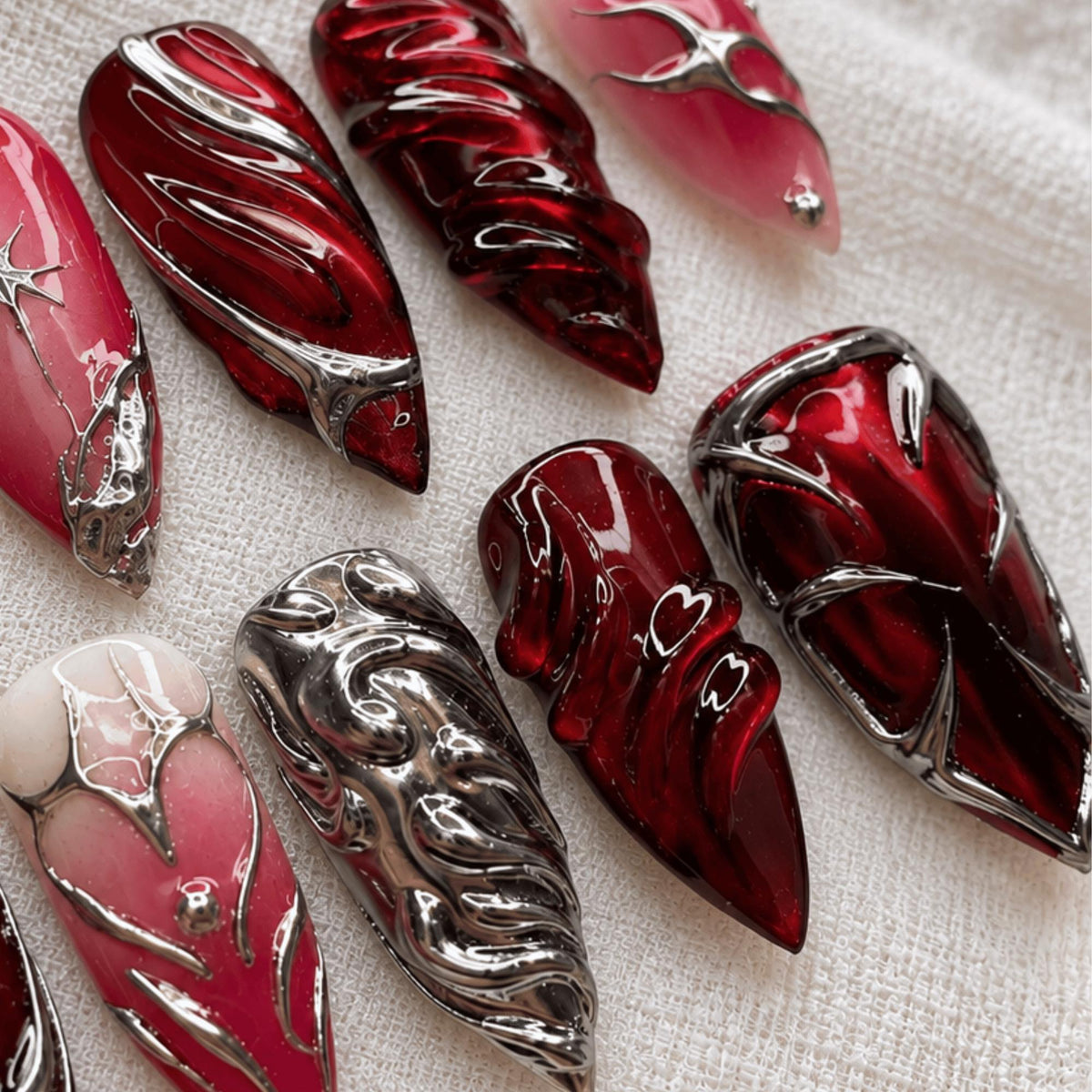 Red Vampire Y2K Press On Nails, Dark Chrome Gothic Heart Nail Art, 3D Silver Metallic Stiletto Nails
