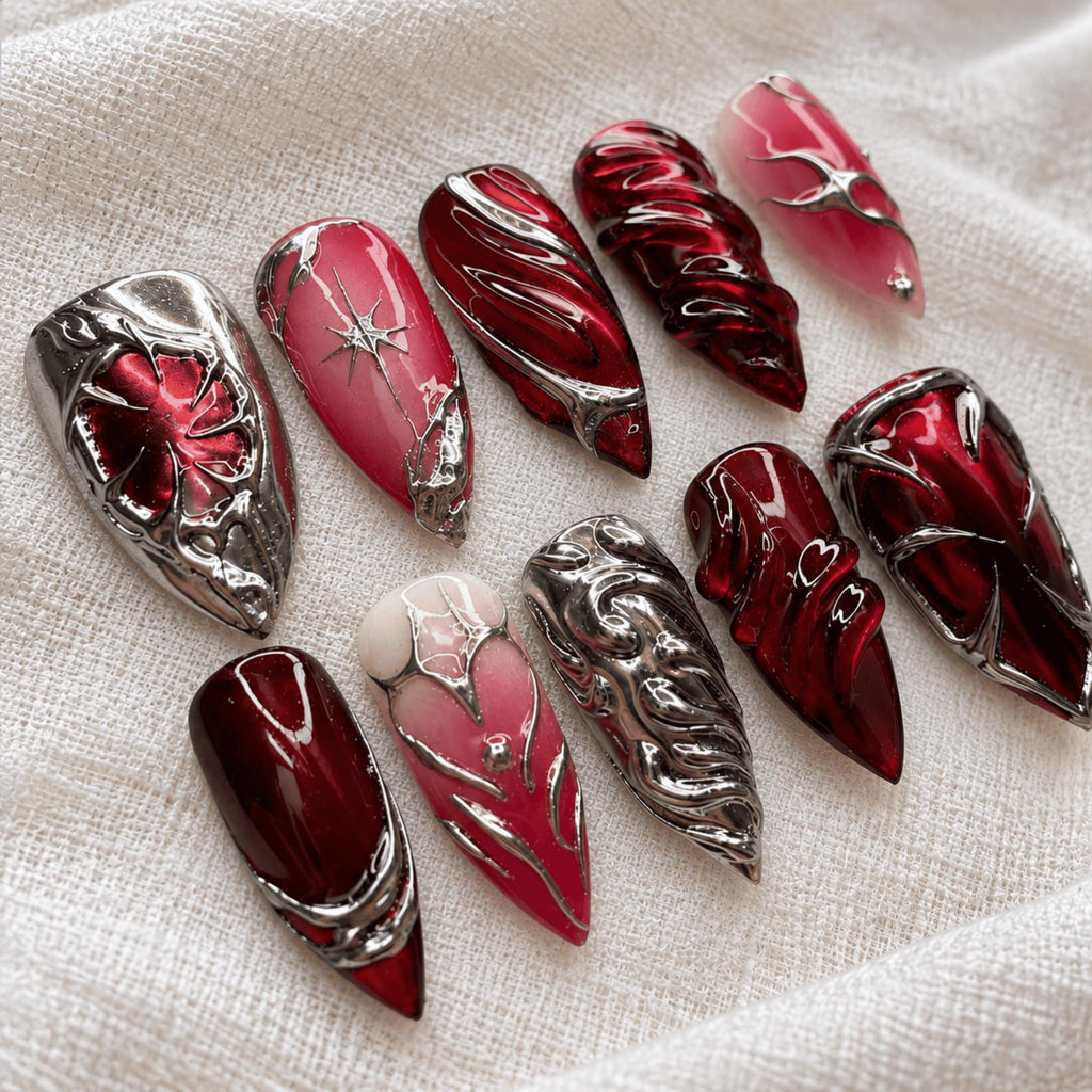 Red Vampire Y2K Press On Nails, Dark Chrome Gothic Heart Nail Art, 3D Silver Metallic Stiletto Nails