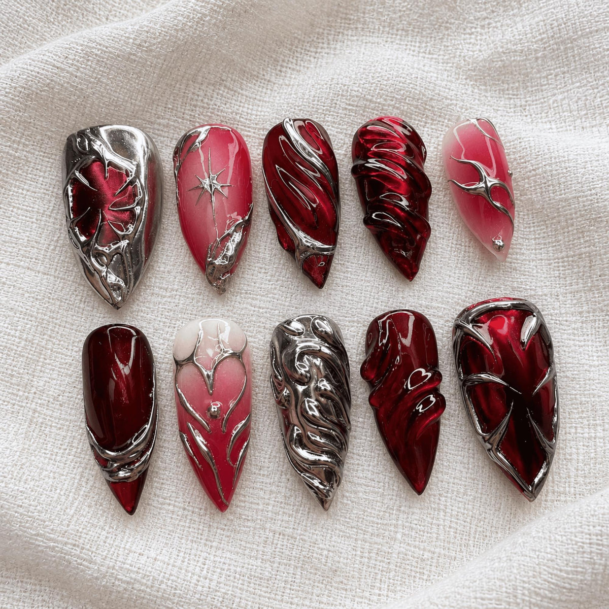 Red Vampire Y2K Press On Nails, Dark Chrome Gothic Heart Nail Art, 3D Silver Metallic Stiletto Nails