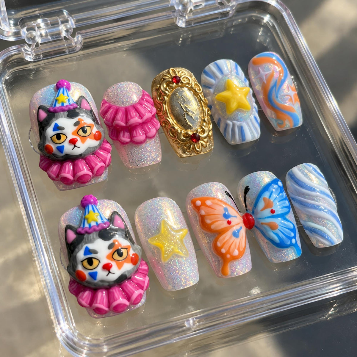 Handmade 3D Circus Cat Press On Nails, Clown Kitty Butterfly Star Mirror, Pastel Holographic Carnival Nail Art