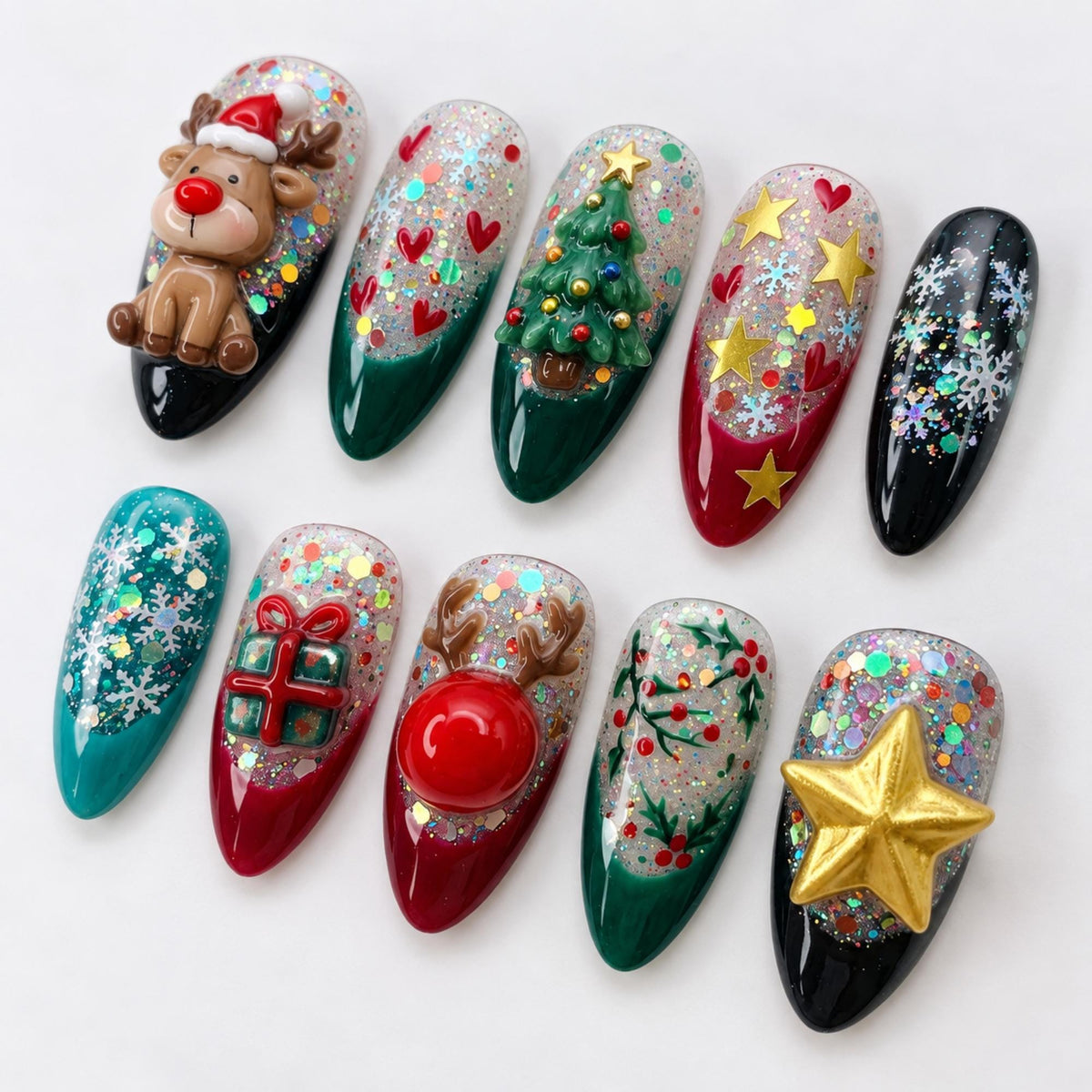 Handmade 3D Christmas Press On Nails, Reindeer Tree Gift Snowflake Star, Glitter Red Green Festive Holiday Nail Art