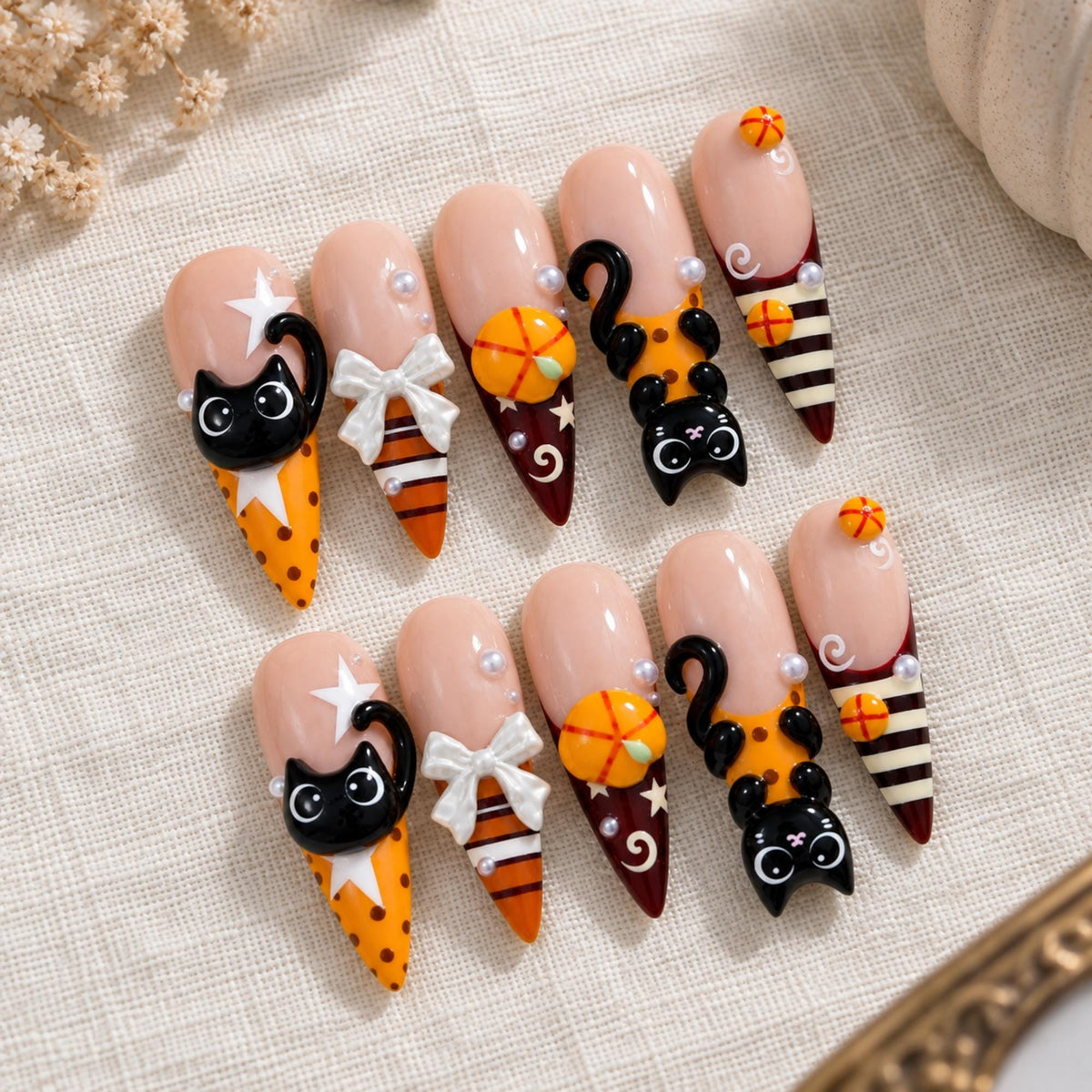 3D Halloween Press On Nails, Black Cat Pumpkin Nail Set, Black Orange Handmade Nails