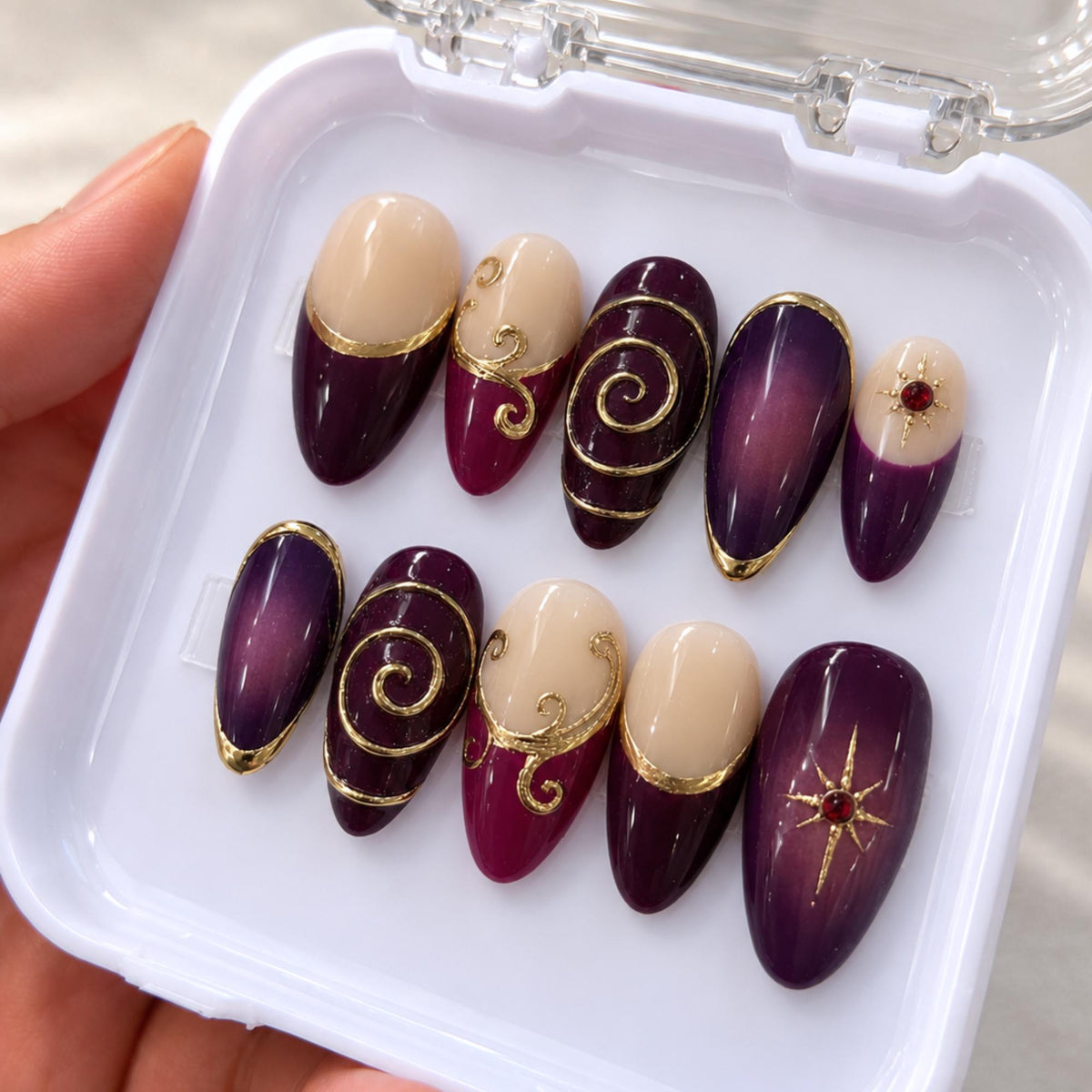 Purple Whimsigoth Press On Nails, Handmade Witchy Elegant Nails, Gold Swirl Gothic Ombre Nails, Almond Reusable Set