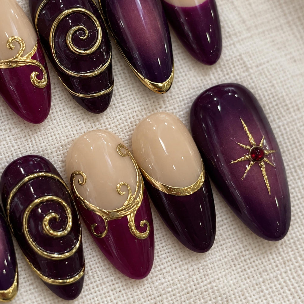 Purple Whimsigoth Press On Nails, Handmade Witchy Elegant Nails, Gold Swirl Gothic Ombre Nails, Almond Reusable Set