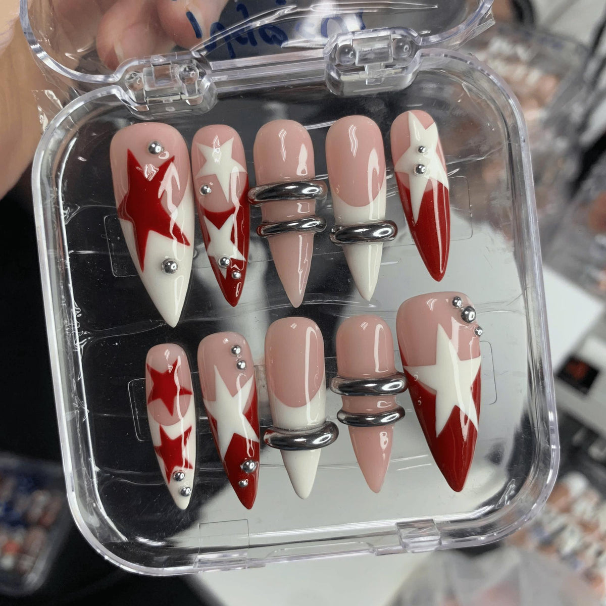 Burgundy Star Press On Nails, Y2K Futuristic Nail Art, Punk Chrome Fake Nails