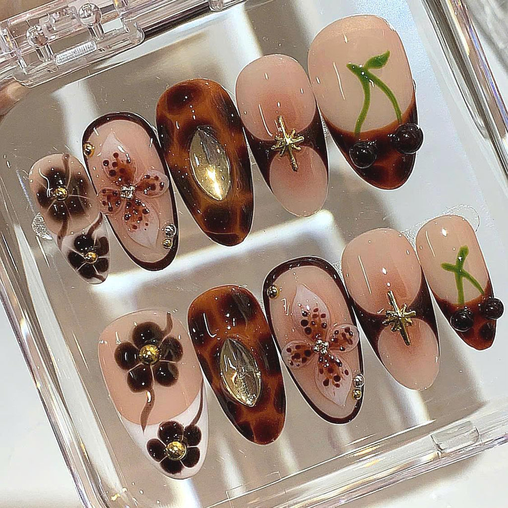 Tortoiseshell Flower Press On Nails: 3D Floral Nail Art with Gold Charms