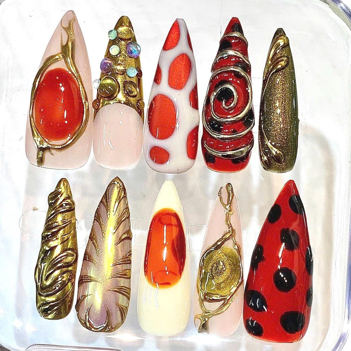 Red Gold Press-On Nails, Abstract Chrome, Polka Dot, Gemstone Art Set
