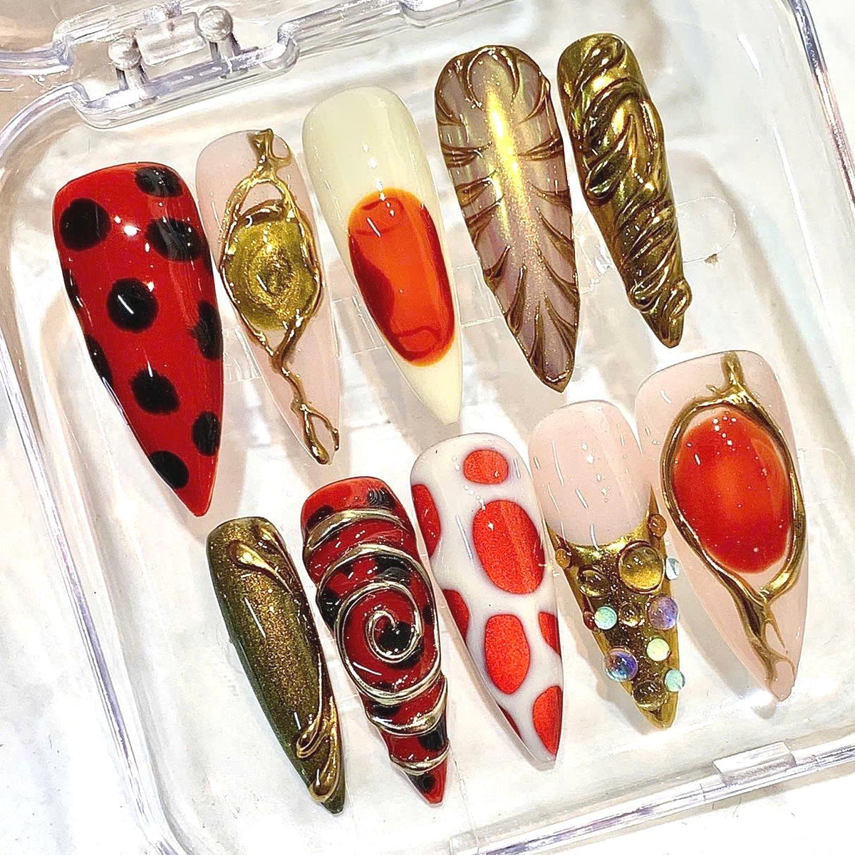 Red Gold Press-On Nails, Abstract Chrome, Polka Dot, Gemstone Art Set