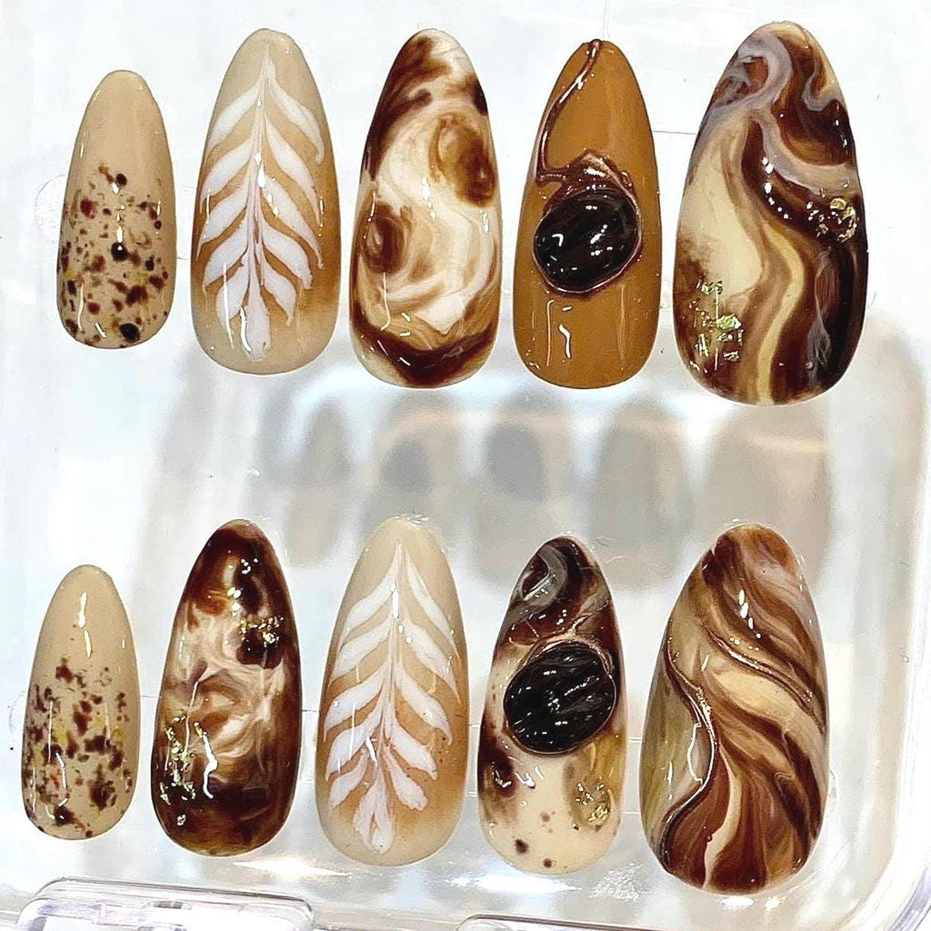 Mocha Brown Press-On Nails, Caramel Marble, Botanical Gold Foil (Reusable Set)