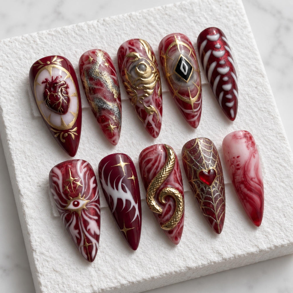 Handmade Gothic Marble Press On Nails | 3D Sacred Heart Serpent Eye Nail Art | Burgundy Gold Spooky Stiletto Nails