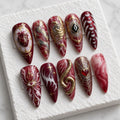 Handmade Gothic Marble Press On Nails | 3D Sacred Heart Serpent Eye Nail Art | Burgundy Gold Spooky Stiletto Nails