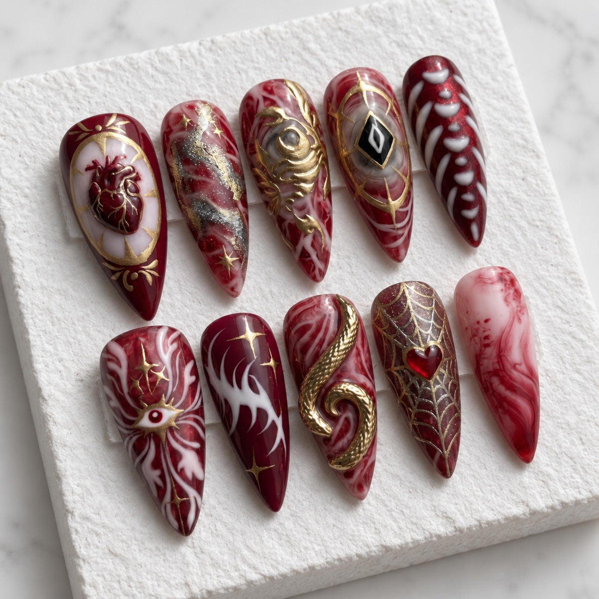 Handmade Gothic Marble Press On Nails | 3D Sacred Heart Serpent Eye Nail Art | Burgundy Gold Spooky Stiletto Nails