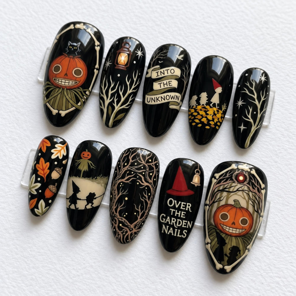 Handmade Over the Garden Wall Press On Nails | Pumpkin Forest & Lantern Nail Art | Vintage Autumn Mismatched Nails